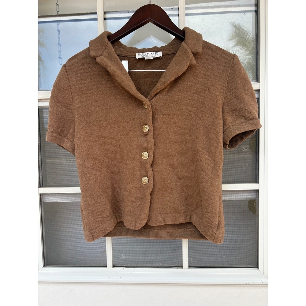 St John Collection Marie Gray Brown Santana Knit Short Sleeve Cardigan Sz 10 VTG